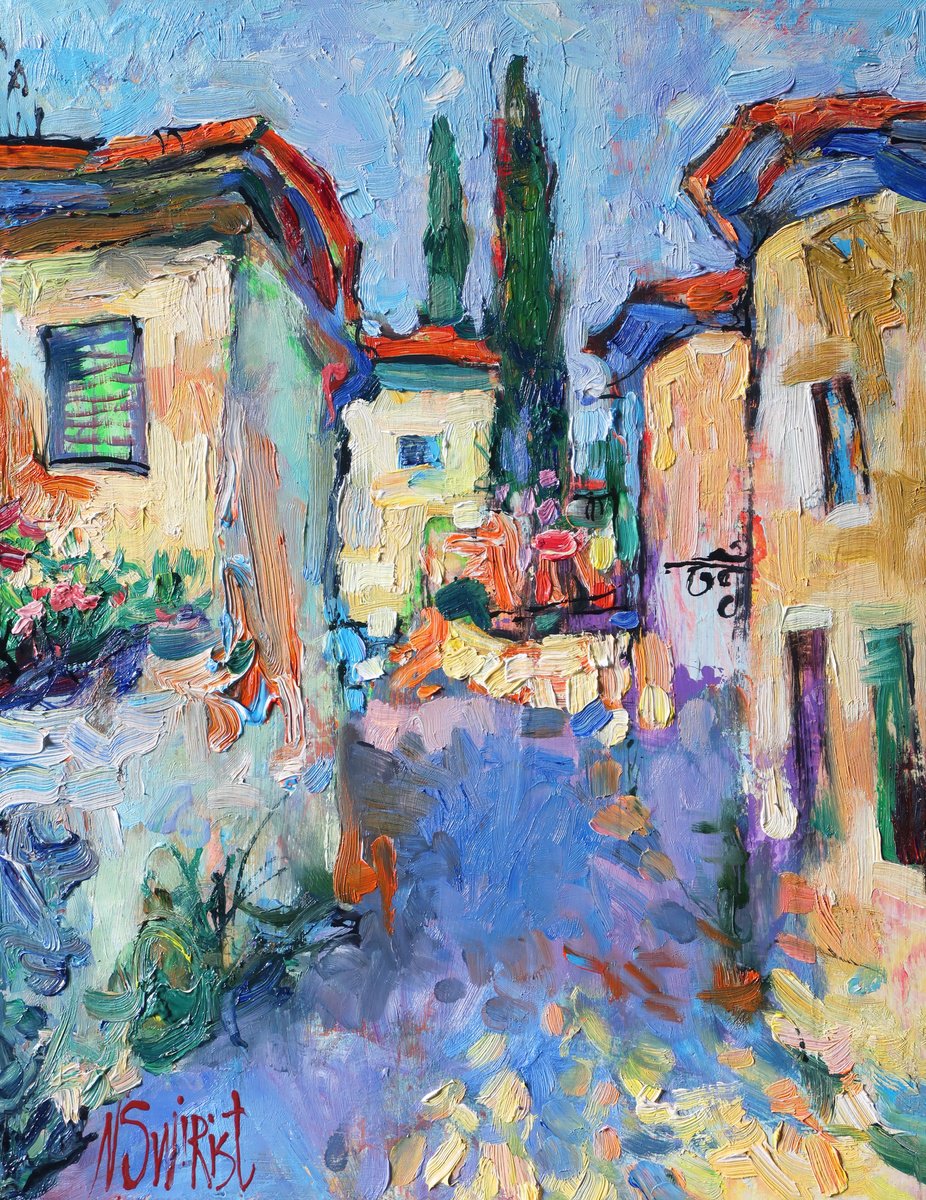 Impressionistic Cityscapes Oil Painting By Nikifor Swiristuhin, 11 X 14", Street In Provence.*, Original Artwork