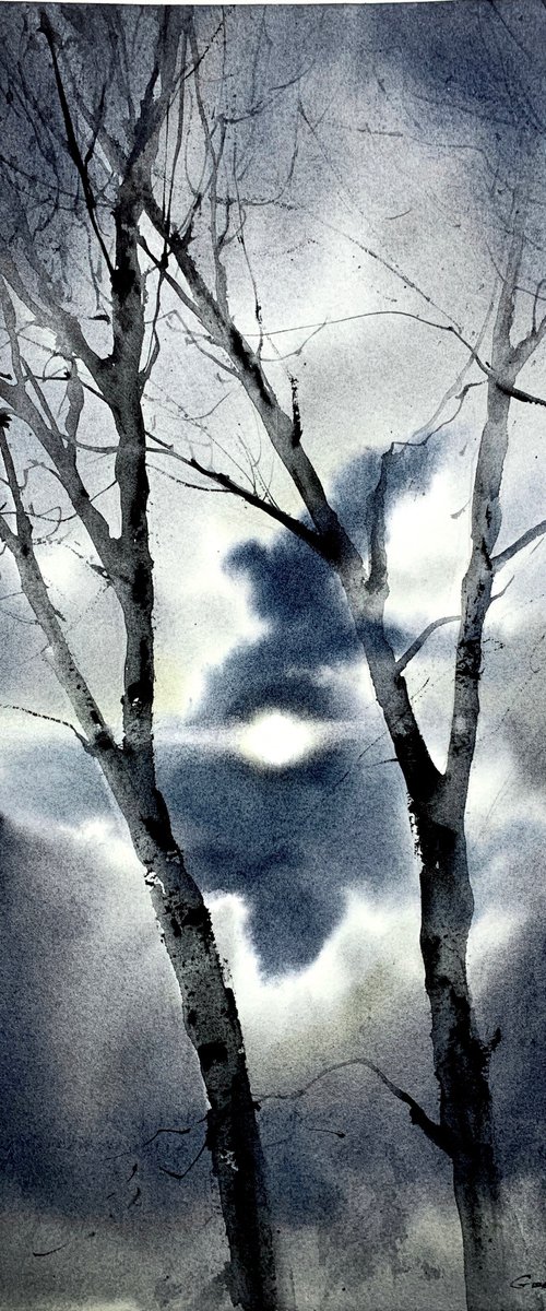 Birch trees in the moonlight by Eugenia Gorbacheva