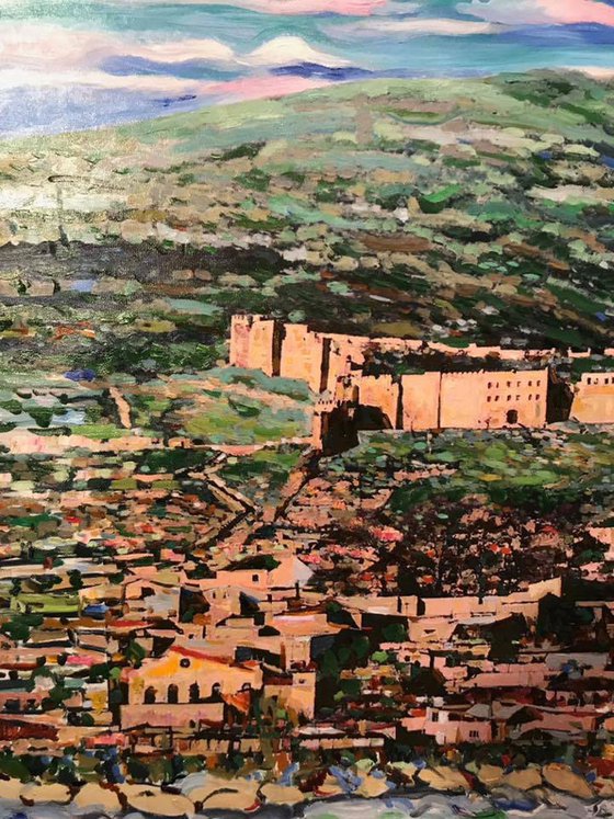 DERBENT FORTRESS. CAUCASUS. OLD CITY - landscape, original oil painting, large size, town in the mountains, ruin, architecture