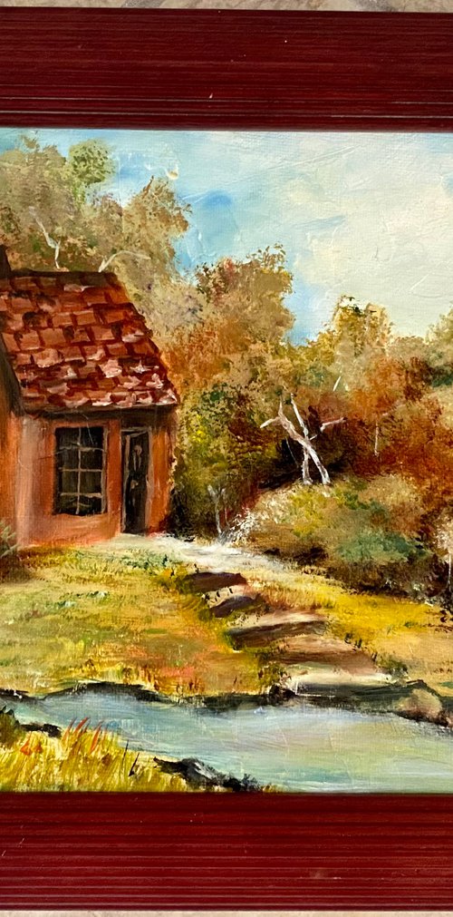 Vintage Old Cabin Original Oil Painting 8x10 Burgundy Frame by Mary Gullette