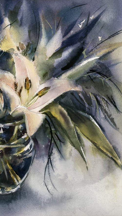 White Lilies Bouquet Watercolor Painting, Still Life Painting, Flowers Watercolur Art by Sophie Rodionov