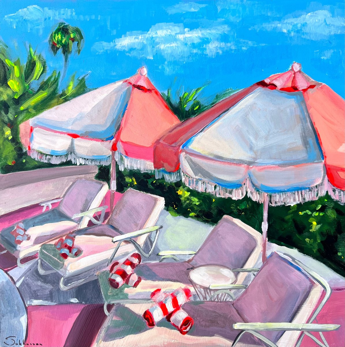 Impressionistic Cityscapes Acrylic Painting By Victoria Sukhasyan, 14 X 14", Sunny Day In California, Original Artwork