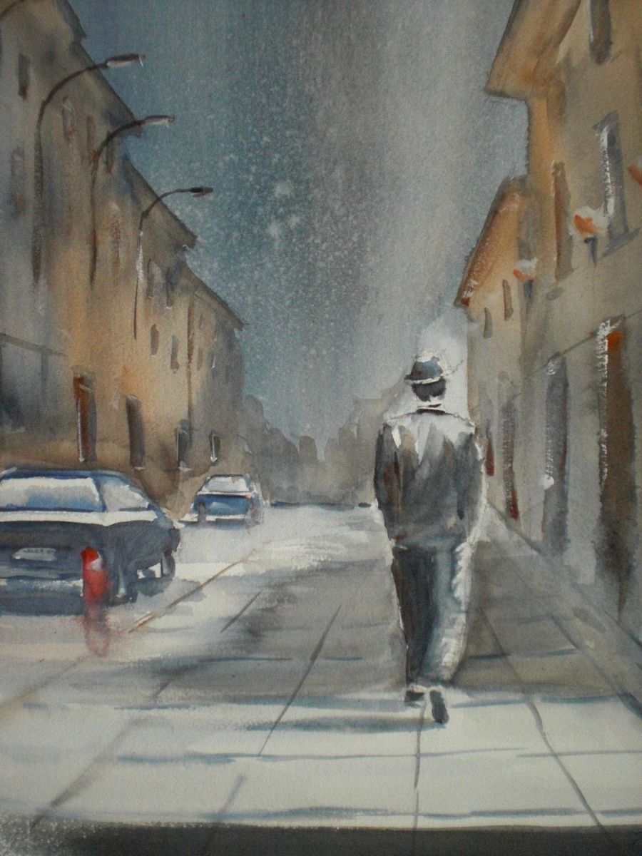 Expressive Cityscapes Watercolour By Giorgio Gosti, 12 X 18, Walking Alone, Original Artwork