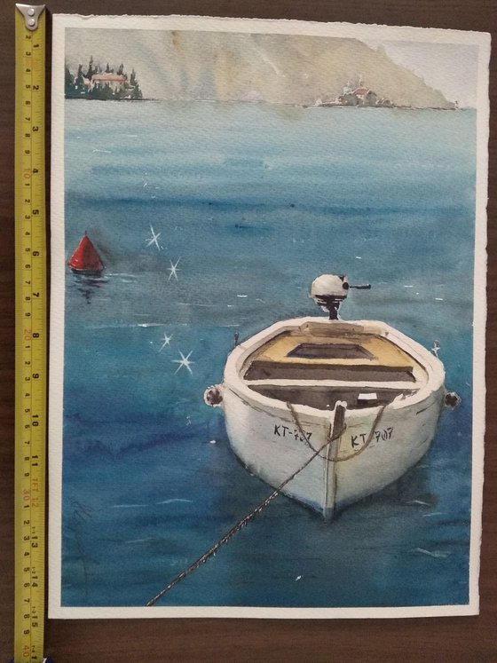 Boat and islands near Perast, Montenegro original watercolor art