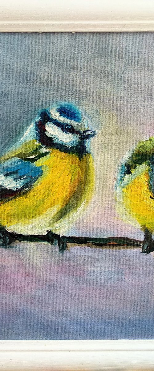 Chickadee couple Winter birds Framed and Ready to Hang Painting by Anastasia Art Line