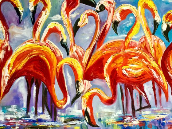 ORANGE FLAMINGOS. LARGE SIZE PAINTING. Original oil palette knife painting on linen canvas.