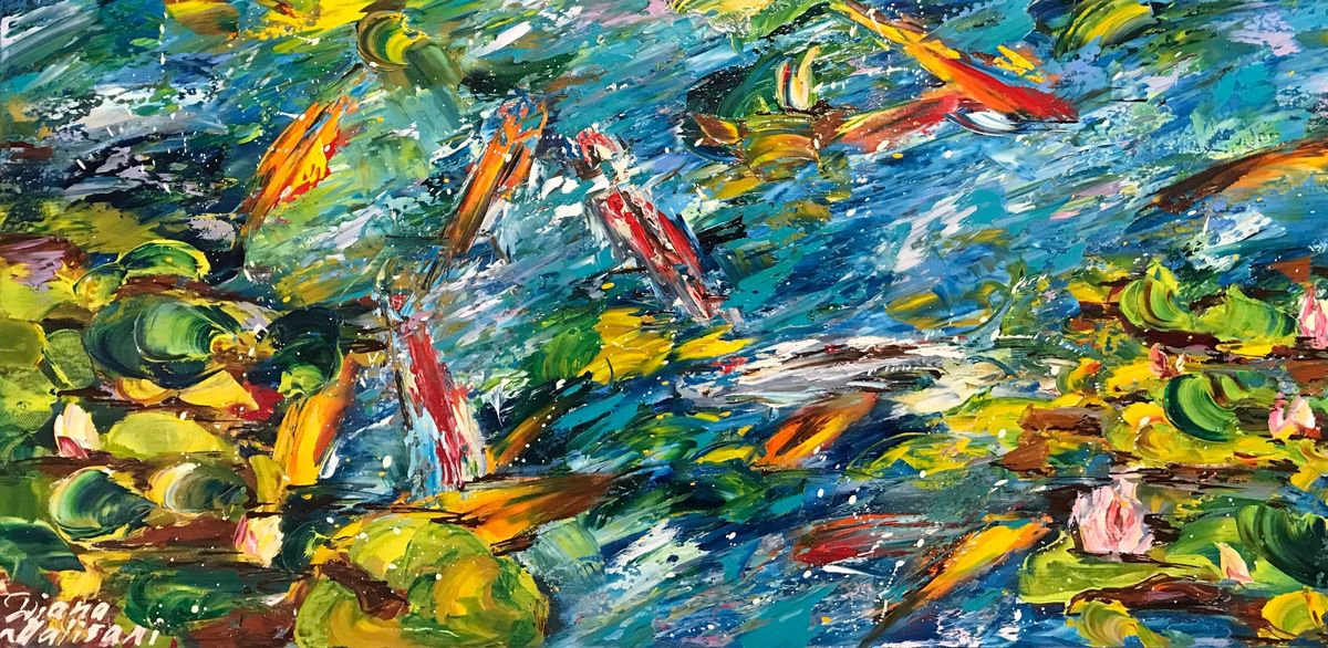 Impressionistic Landscape Oil Painting By Diana Malivani, 31 X 16, Fish, Original Artwork