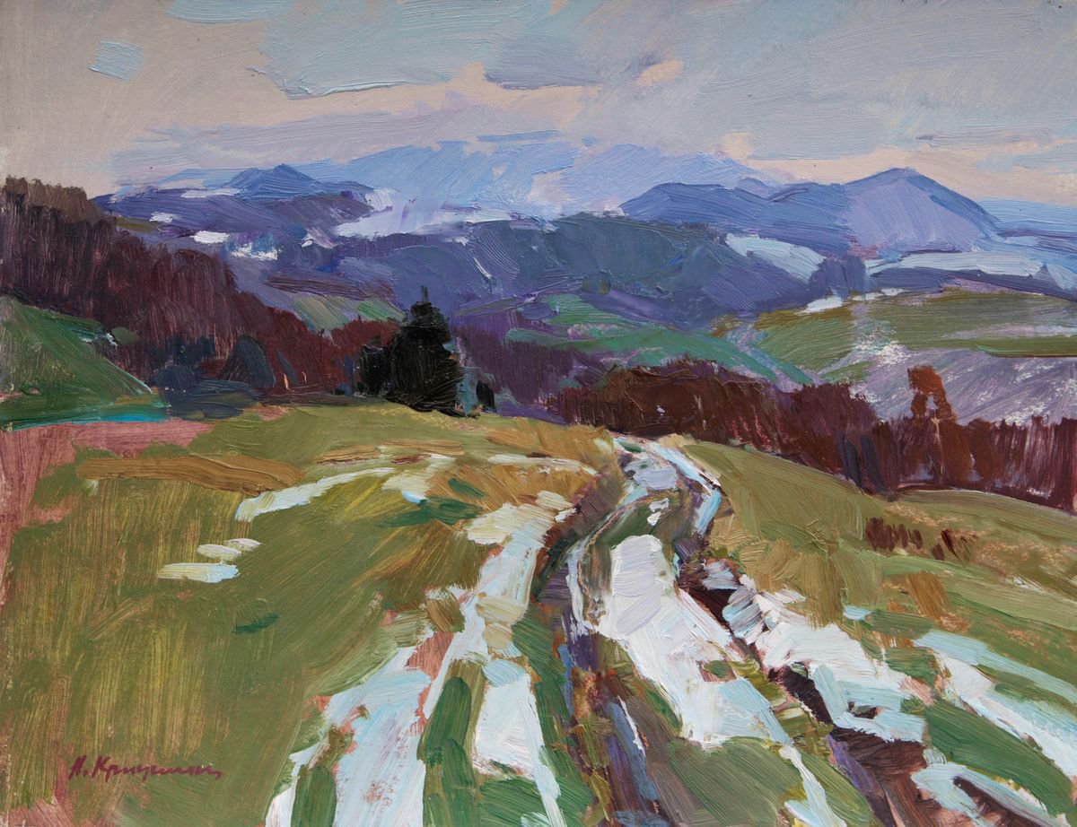 Impressionistic Landscape Oil Painting By Aleksandr Kryushyn, 20 X 15, The First Snow On The Mountain Pass, Original Artwork