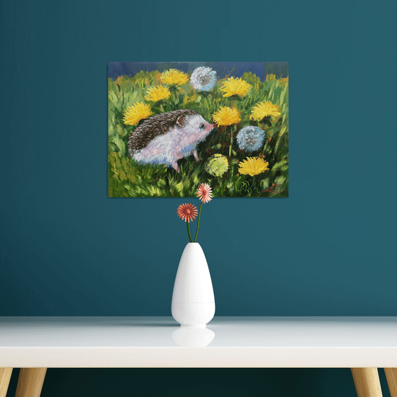 Hedgehog in dandelions