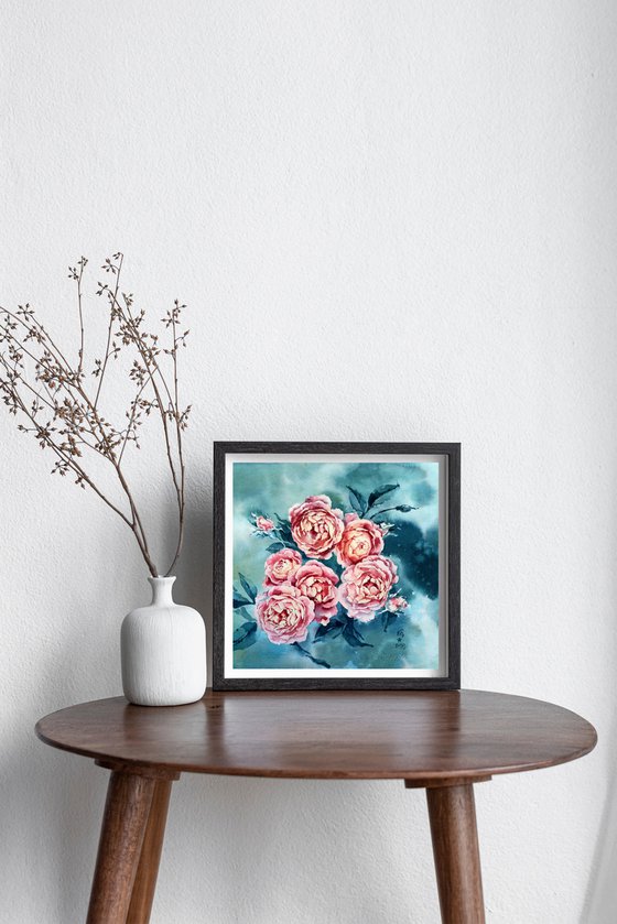 Abstract watercolor painting "Pink roses" square format