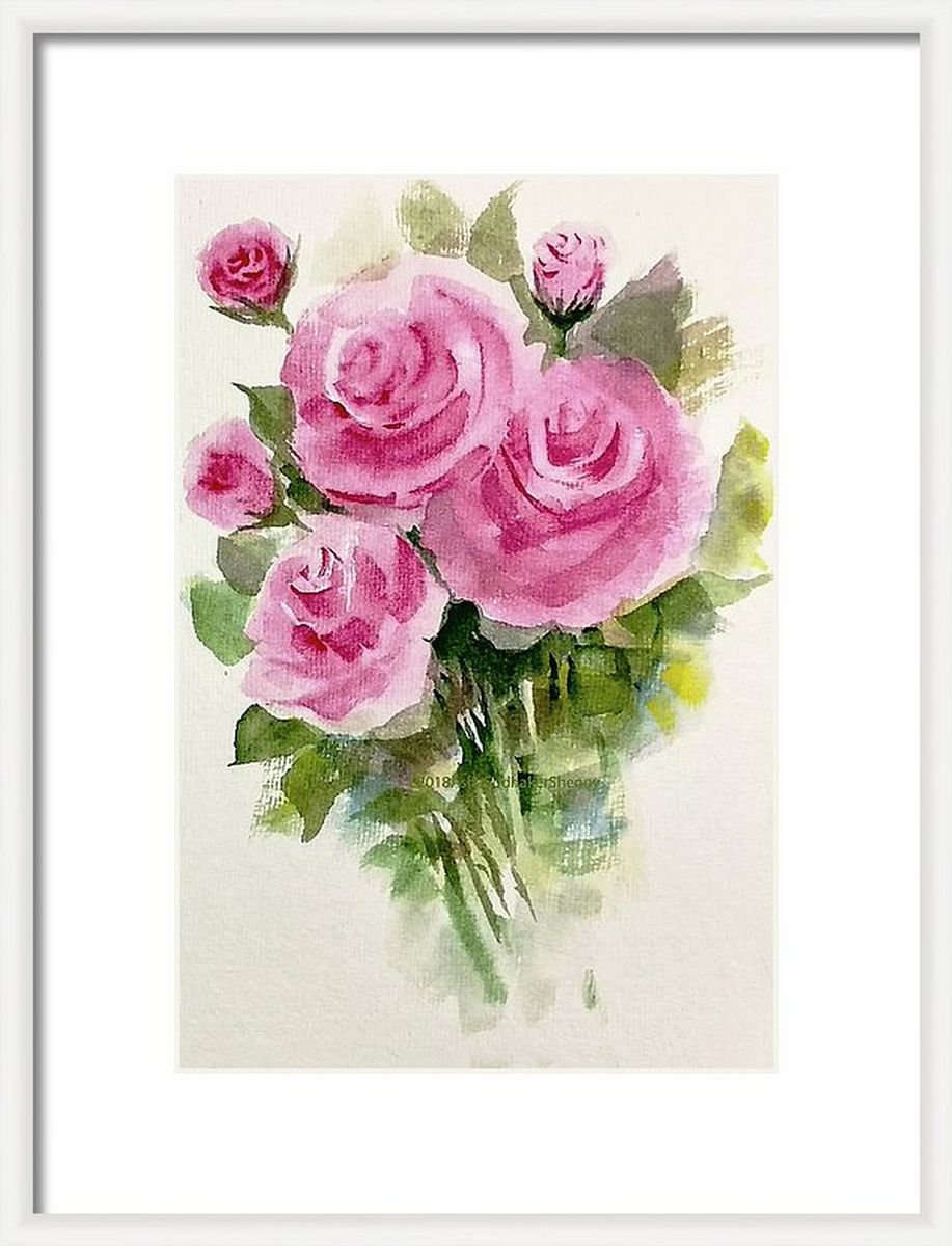 Watercolor Roses Painting Pink Roses Flowers Floral painting- 7.2 x 11 by Asha Shenoy