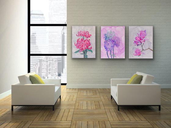 Triptych turquoise and pink