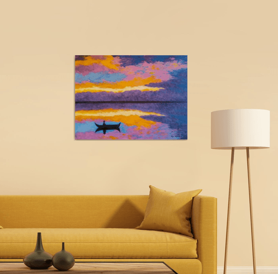 Silence - colorful evening on the lake; sunset; home, office décor