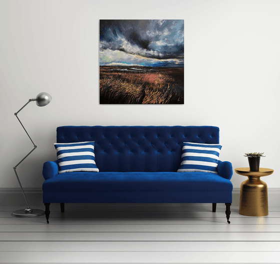 'Storm Across The East Marshes' Large Moody Landscape Oil Painting