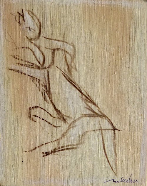 Cat and Bird, small drawing on wood 9x7 cm by Frederic Belaubre