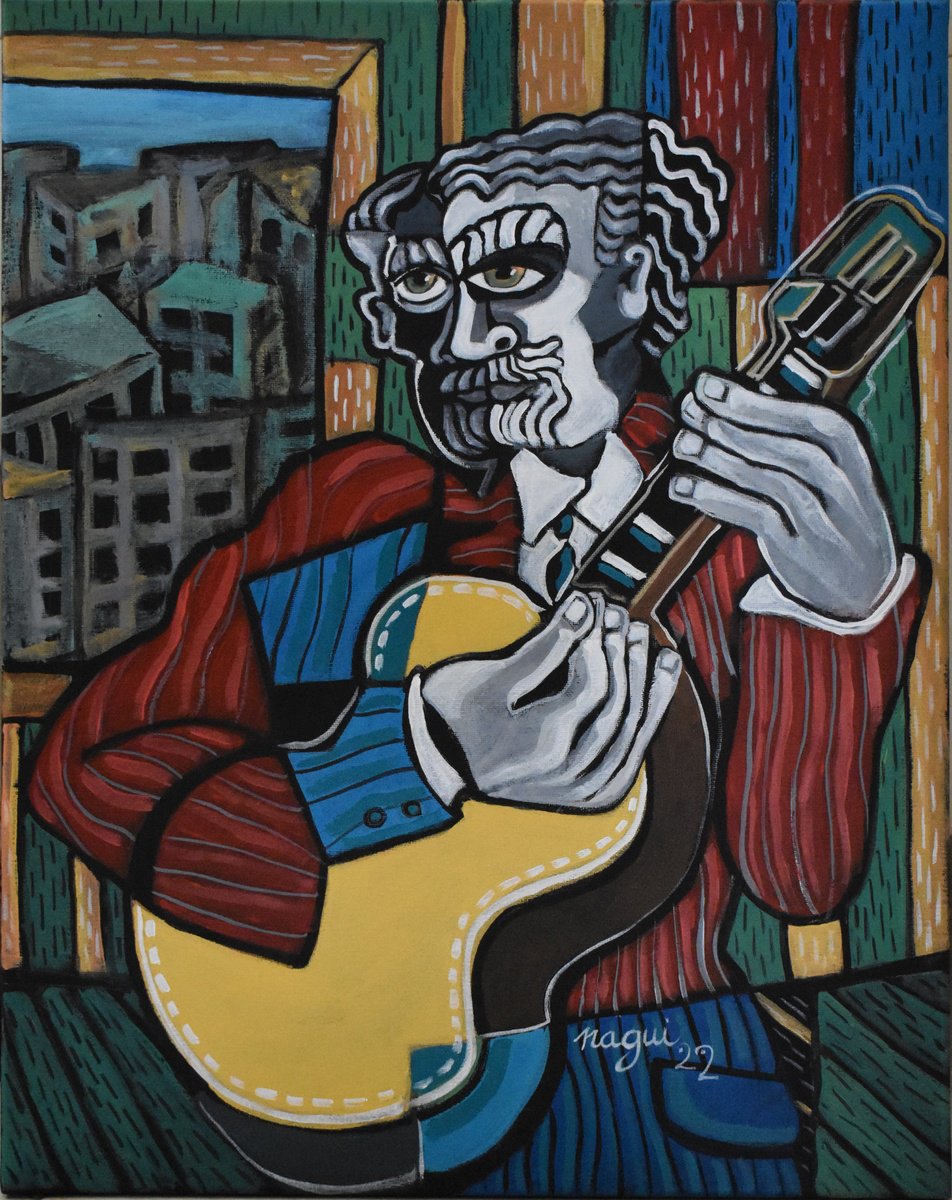 Expressive Portrait Acrylic Painting By Nagui, 16 X 20", Guitarist 121, Original Artwork