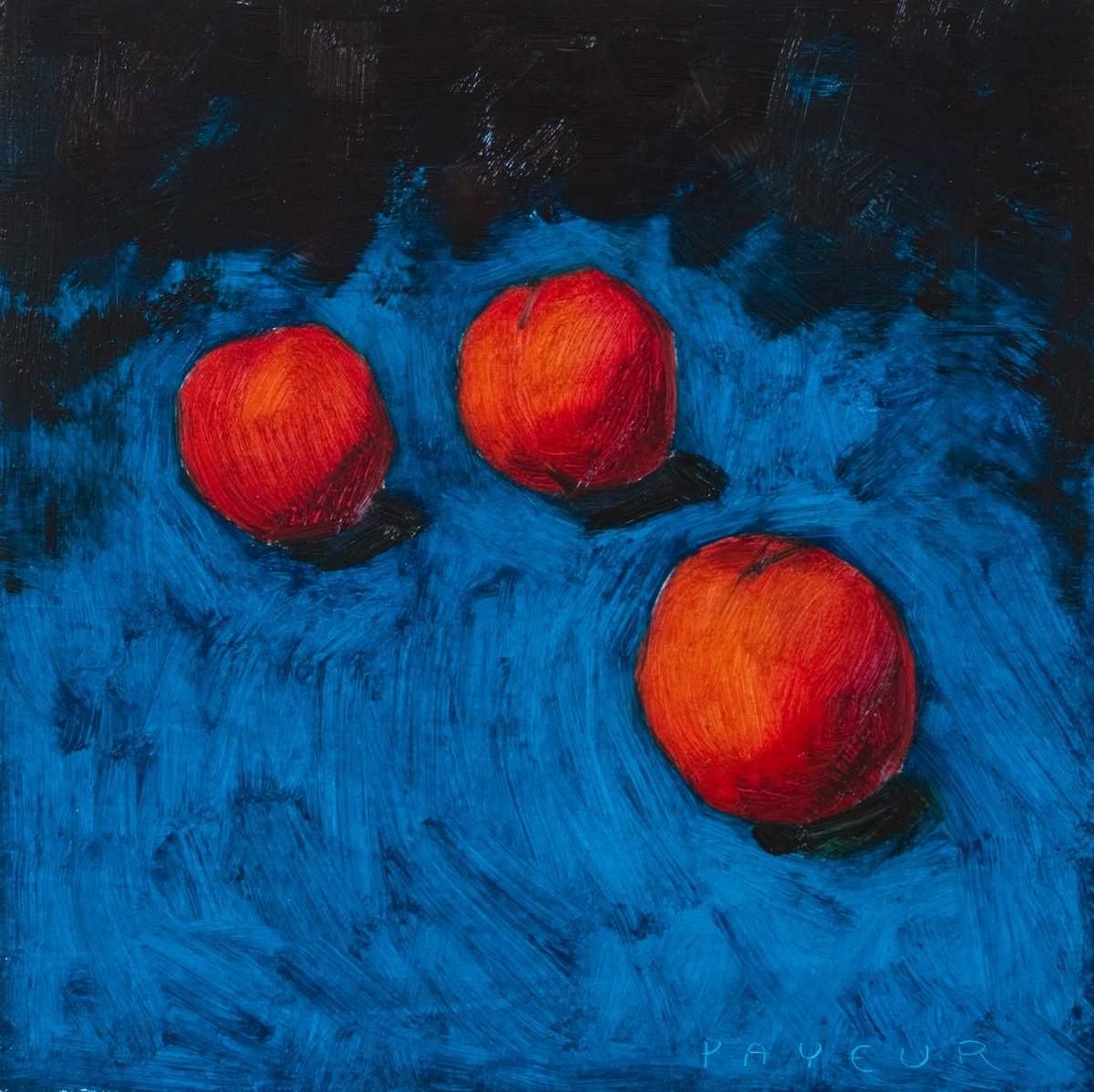 modern still life of peaches with blue background by Olivier Payeur