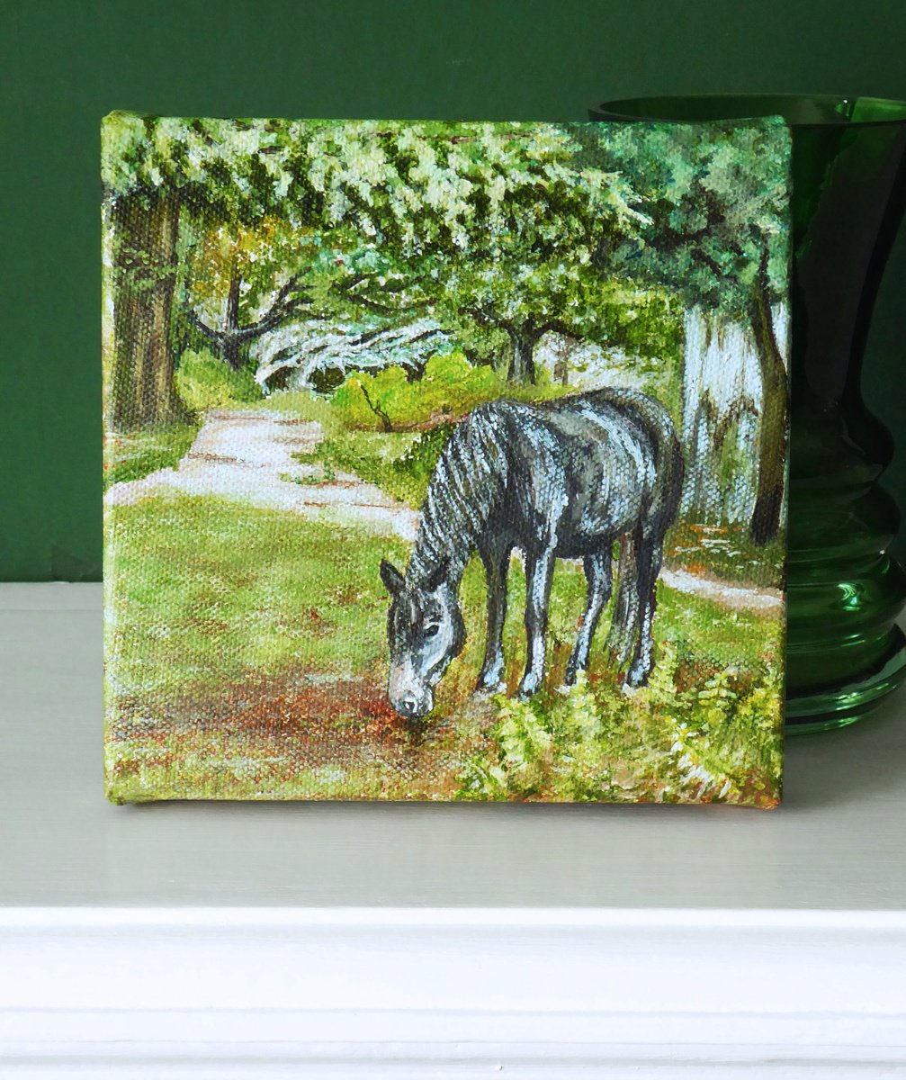 Impressionistic Landscape Acrylic Painting By Jacqueline Talbot, 6 X 6, New Forest Pony, Bolderwood, Original Artwork