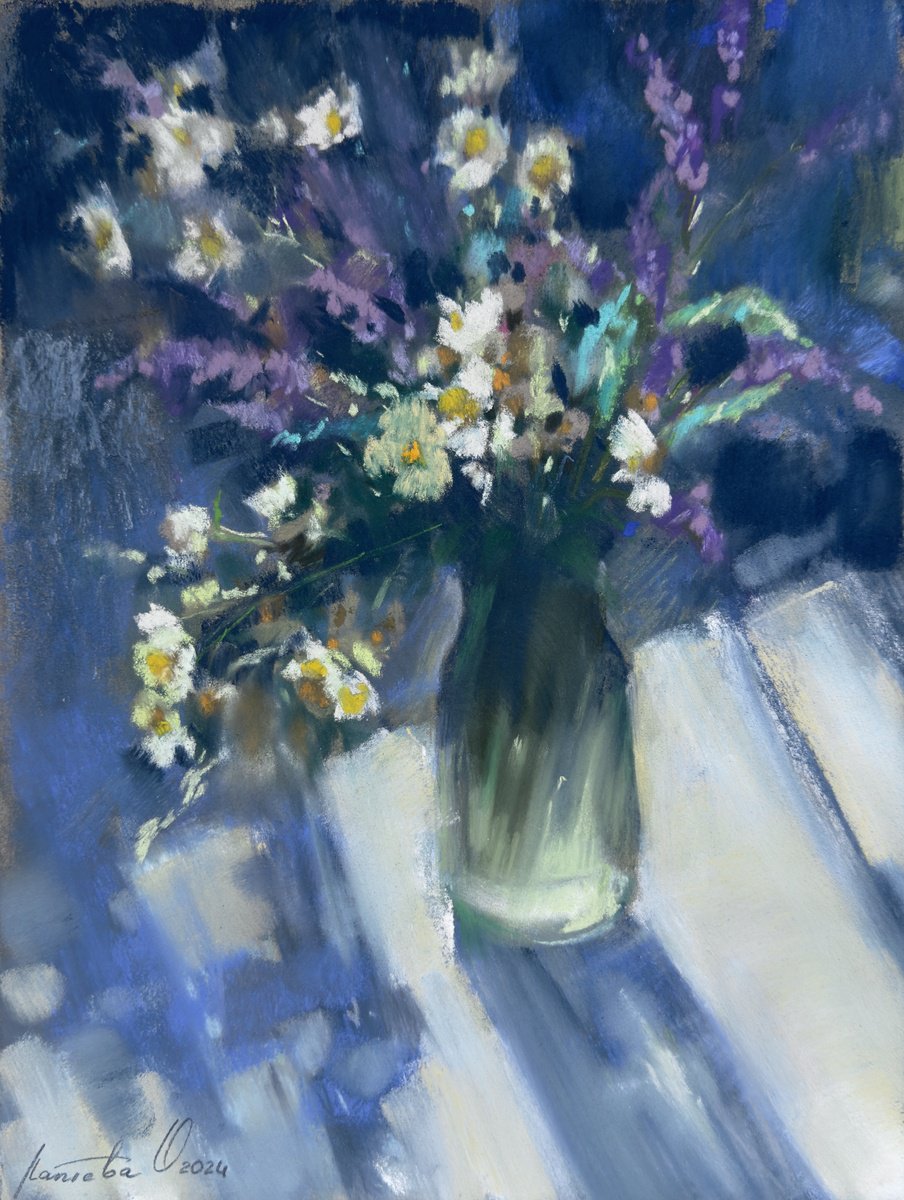 Graphic Pastel Drawing , Blue Mood. Wildflowers By Olha Laptieva, 10 X 12, Artwork For Sale On Artfinder
