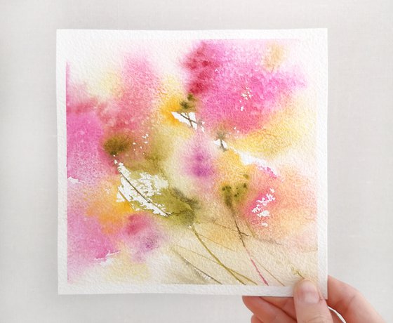 Soft pink abstract flowers, small watercolor painting