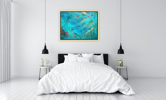 Blue Abstract Seascape Textured Painting Navy, Teal, Red, Silver, Gold. Modern Art with Heavy Texture. Abstract Landscape Contemporary Artwork for Livingroom or Bedroom