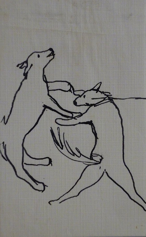 The Two Dogs, miniature drawing, 12x7 cm - AF exclusive + FREE shipping