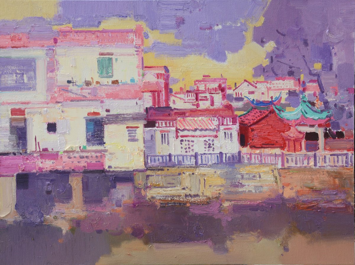 Impressionistic Landscape Oil Painting By Jianzhe Chon, 31 X 24, Town 207, Original Artwork