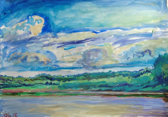 The sky over the river. Gouache on paper. 61 x 43 cm