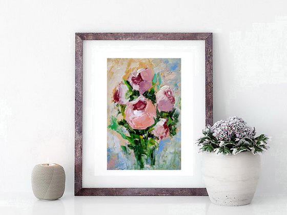 Bouquet of Peonies Painting Original Art Small Flower Artwork Pink Floral Wall Art