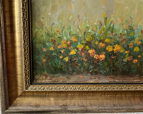 Marigolds flowers-Ukrainian miniature oil painting, plein air artwork
