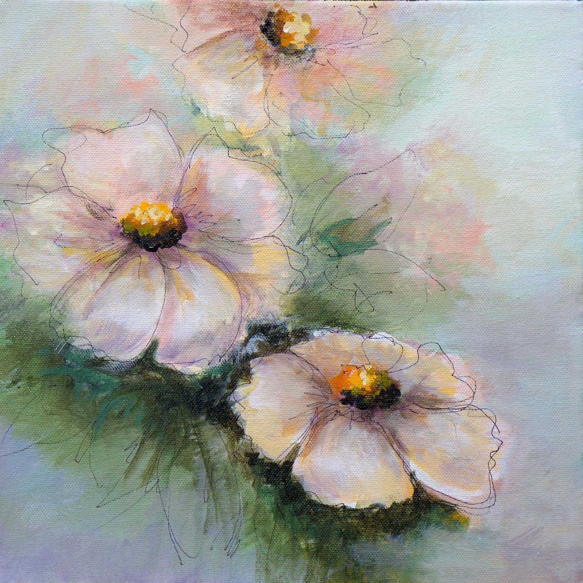 Impressionistic Botanical Acrylic Painting By Karen Hale, 12 X 12", Whispers Of Pink And Yellow, Original Artwork