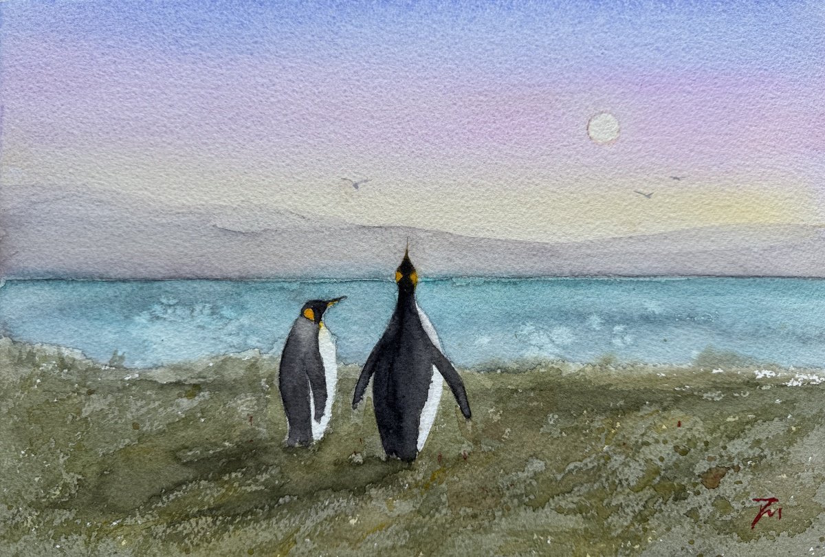 Impressionistic Animal Watercolour By Shelly Du, 12 X 8", King Penguins At Punta Arenas, Original Artwork