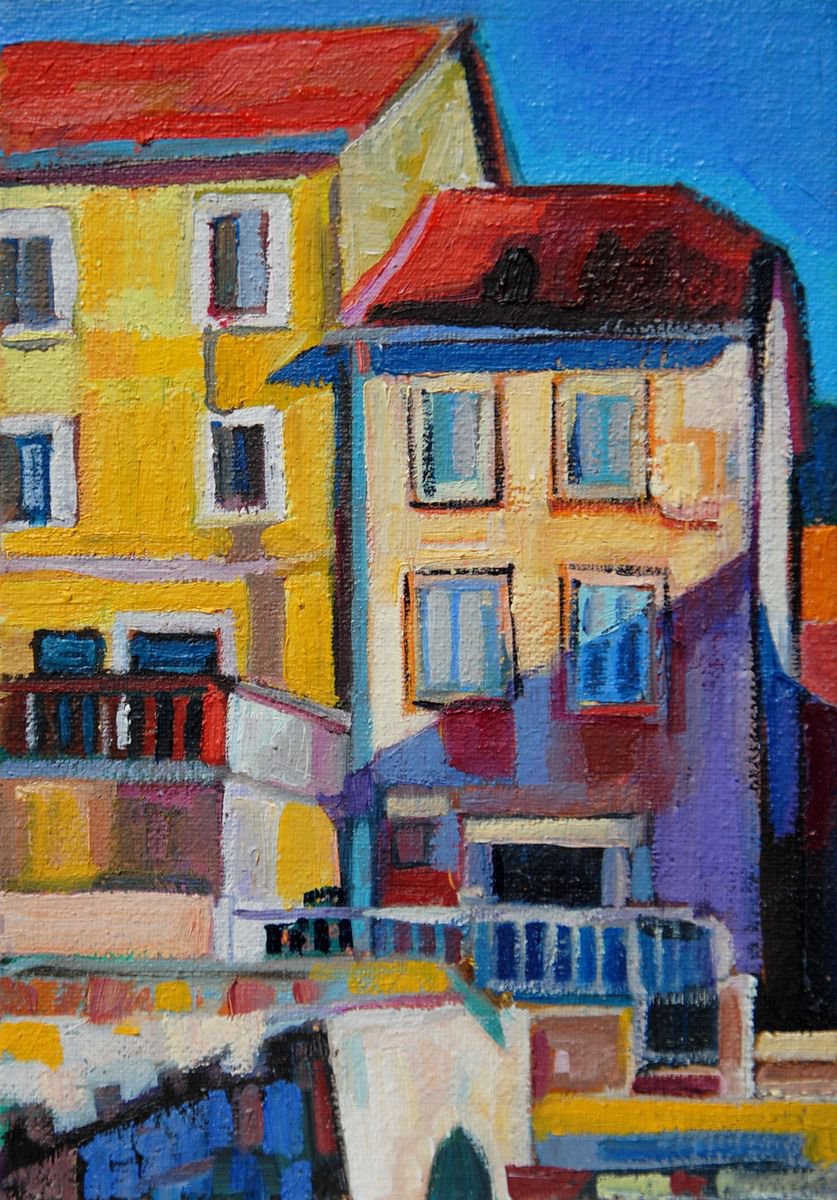 Yellow houses on the seashore / 16.3 x 11.4 cm by Maja Dokic Mihajlovic