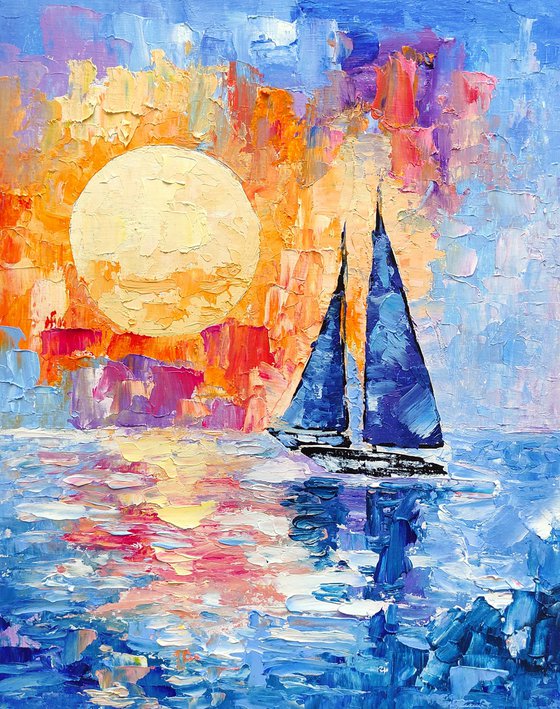 Sailboat Painting Bright Sunset Art Seascape