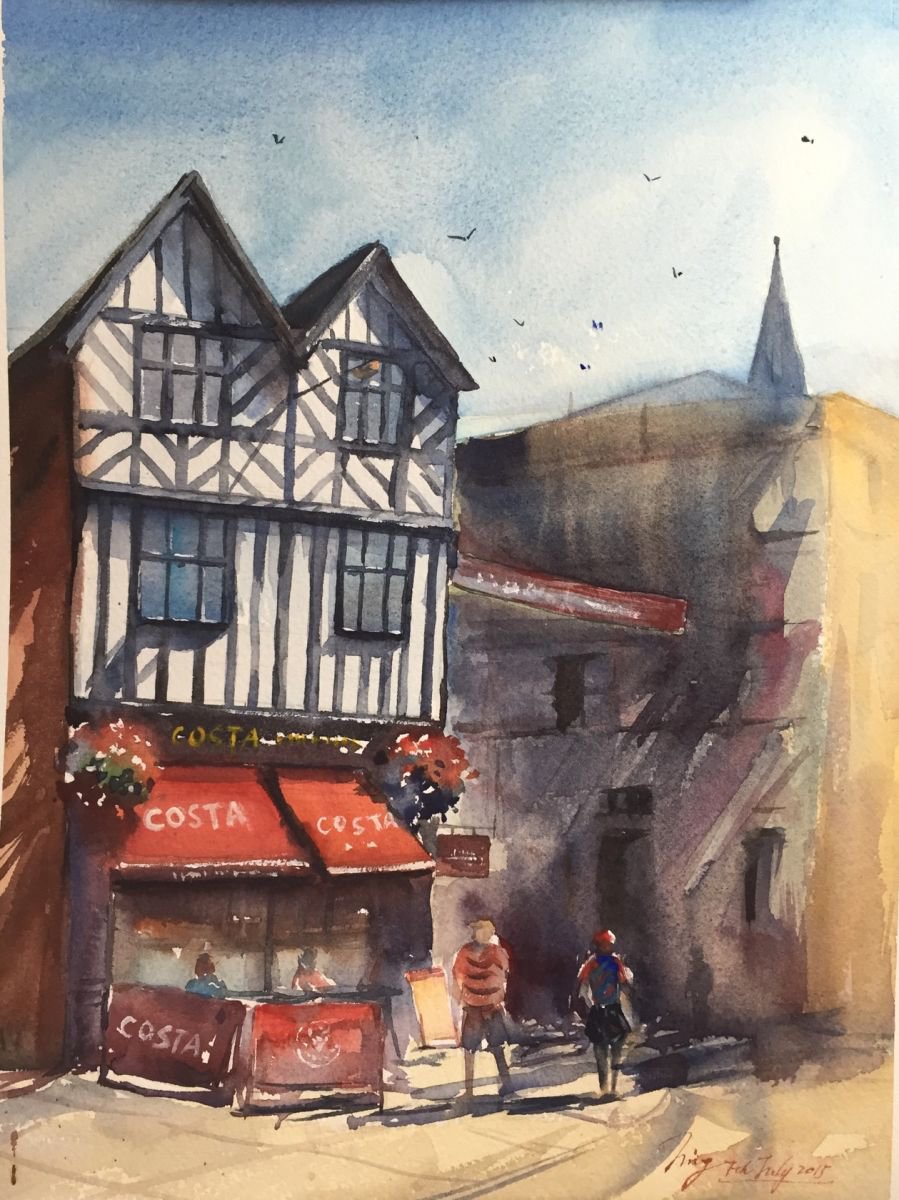 Impressionistic Cityscapes Watercolour By Jing Chen, 11 X 15, Coffee Shop, Original Artwork