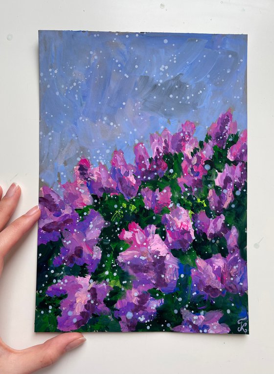 Lilac Original Gouache Painting, Purple Flower Wall Art, Cottagecore Home Decor, Gift for Her