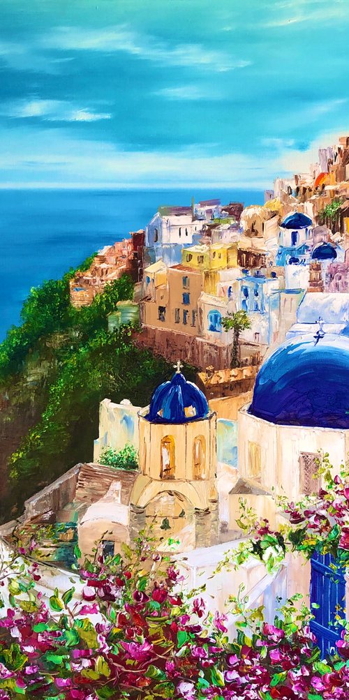 SUNNY SANTORINI - Summer. Sea. Greece. Resort. Hotel. Aegean Sea. Old city. White houses. Seaside. Mountains. by Marina Skromova