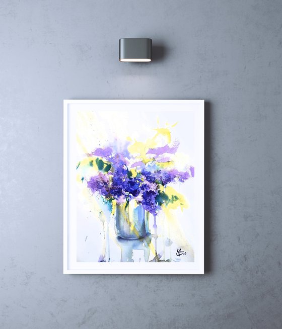 Lilac bouquet. Blue flowers in watercolor