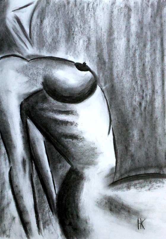 Nude Painting Woman Original Art Female Nude Charcoal Drawing Breast Artwork Home Wall Art 13 by 18" by Halyna Kirichenko