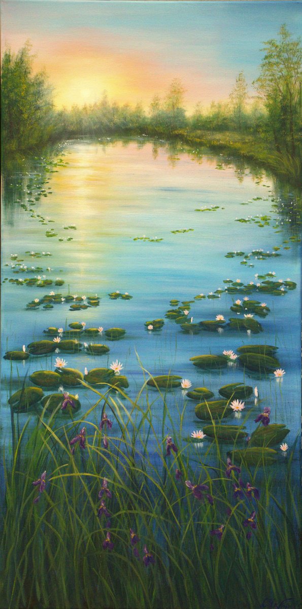Impressionistic Landscape Oil Painting By Ludmilla Ukrow, 20 X 39", Serene Lily Pond, Original Artwork