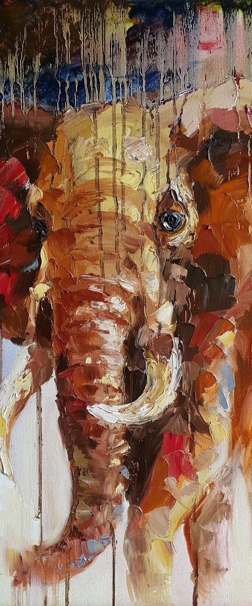 Coming out of the jungle - african elephant, painting on canvas, animals oil painting, Impressionism, palette knife, gift. by Anastasia Kozorez