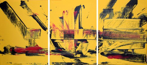 Beautiful yellow triptych abstract original "Yellow Abstraction" abstract painting art canvas - 27 x 12 inches by Stuart Wright