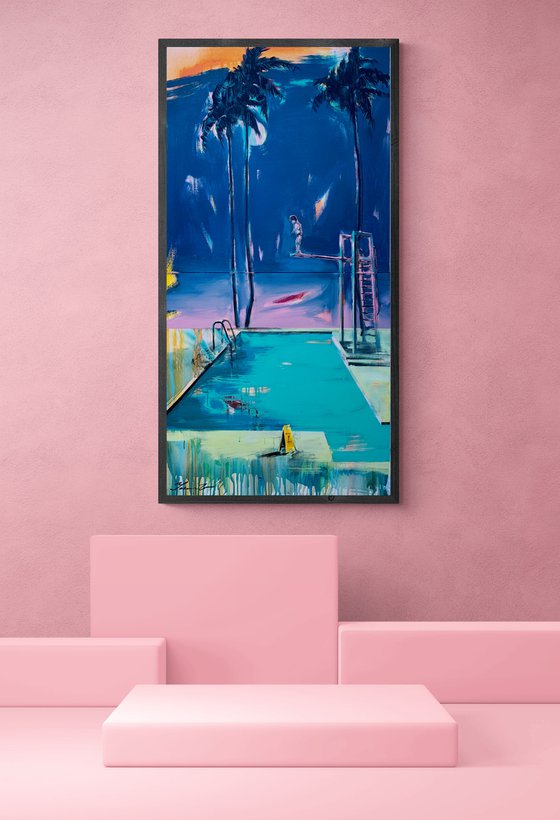 Big vertical painting - "Jump moment" - Pop Art - Palms - Swimming pool - Diptych