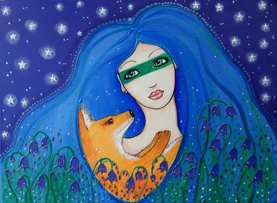 Goddess of the Bluebells - Goddess Painting - Fox Art - Bluebells - Mystical Art