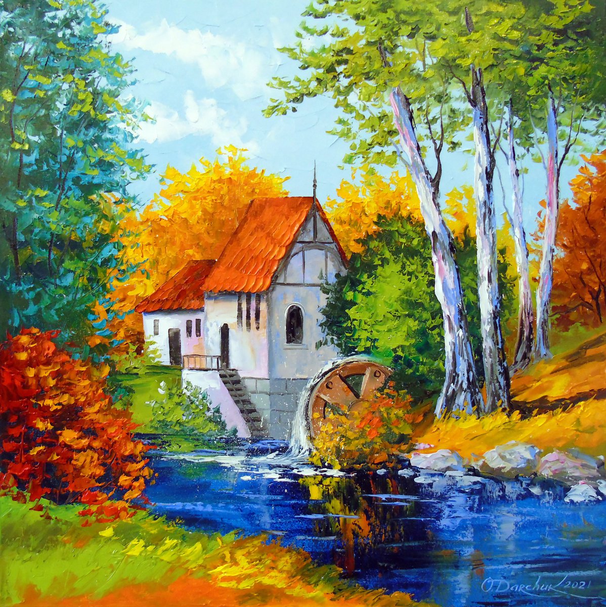 Impressionistic Landscape Oil Painting By Olha Darchuk, 24 X 24", Mill By The River, Original Artwork