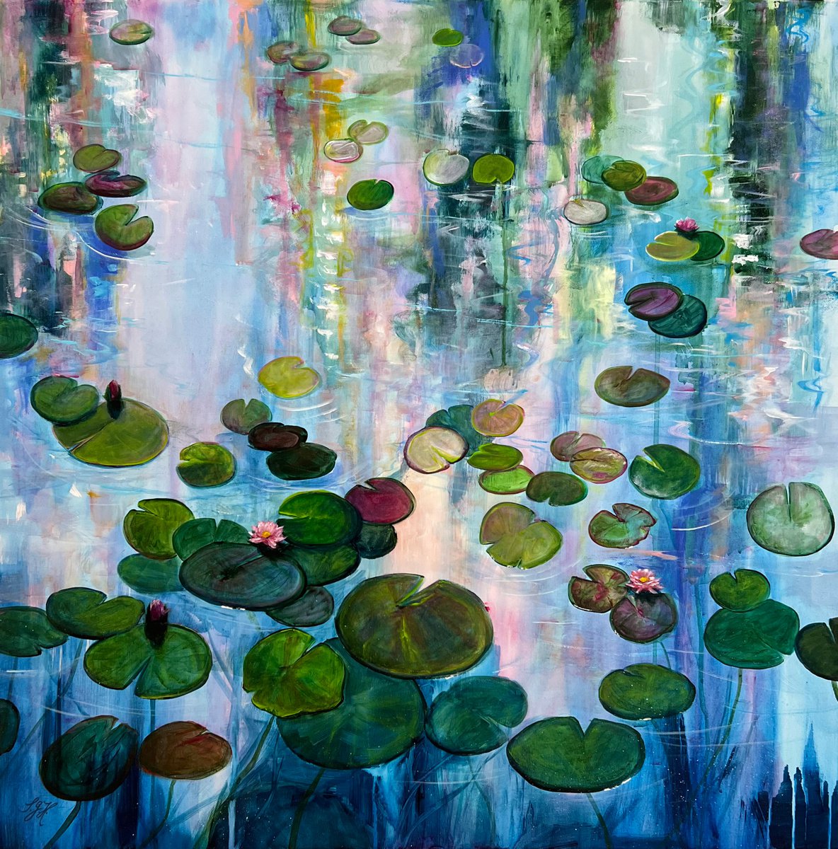 Impressionistic Landscape Acrylic Painting By Sandra Gebhardt-Hoepfner, 31 X 31", Water Lilies 6, Original Artwork
