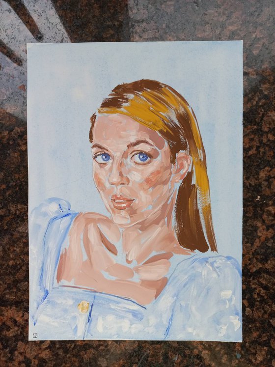 Woman gouache portrait. Abstract female art. 27х19.5 cm/10.6x7.5 in