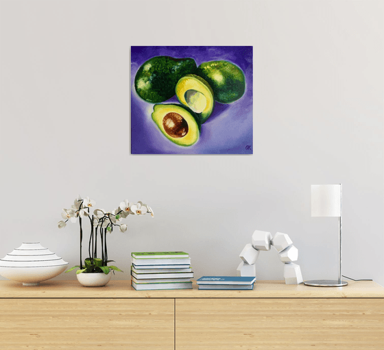 Avocado . Purple, green, photorealistic still life.