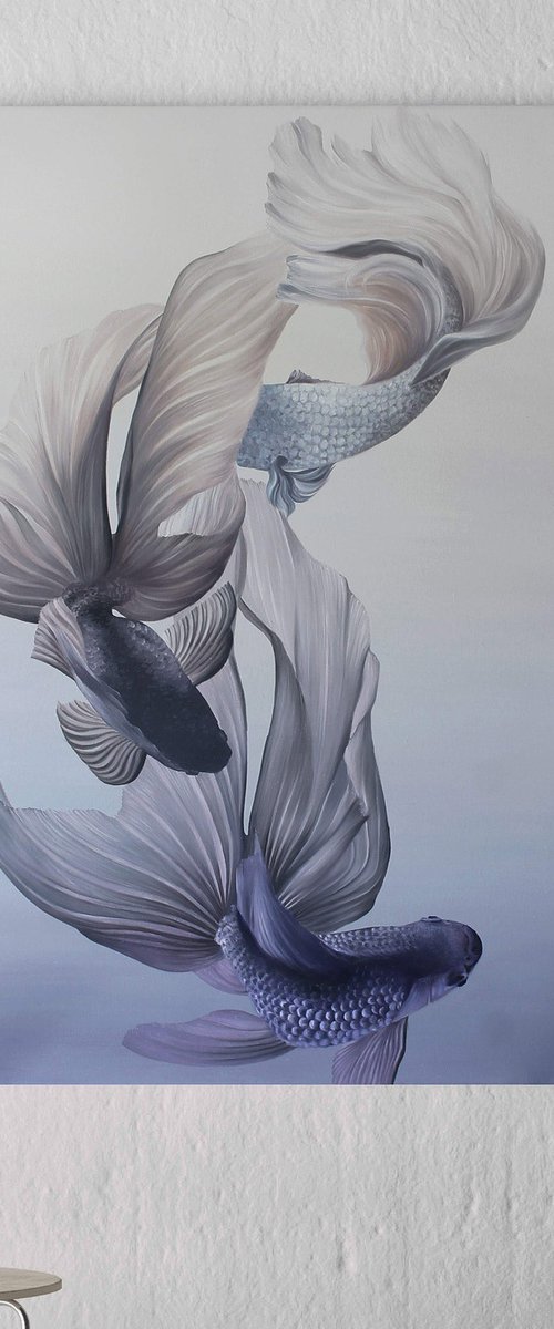 "Carps" Abstract purple blue fish art by Marine Boiko