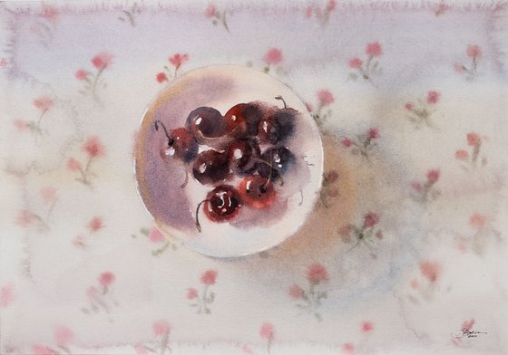 Still life with cherries Original watercolor painting